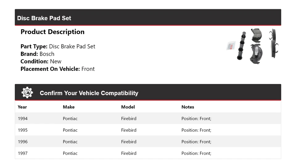 Pastillas de freno delanteras semimetálicas para Pontiac Firebird Bosch QuietCast 1994-1997 Foto 2 de 4