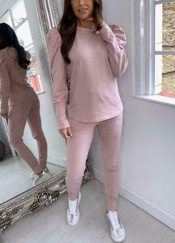 Women's Puff Sleeve Top Bottom Jogging Loungewear Ladies Suit Boxy Tracksuit Set - Picture 3 of 9