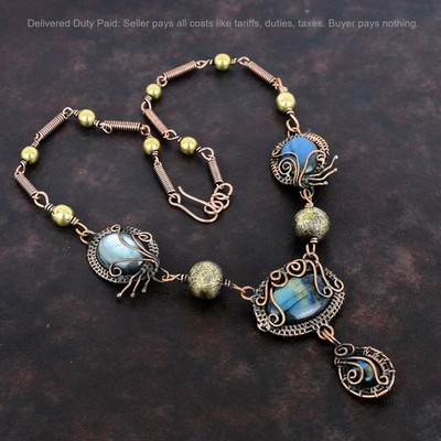 Copper Oval Natural Labradorite Chain Engagement Wire Wrapped Necklace Jewelry