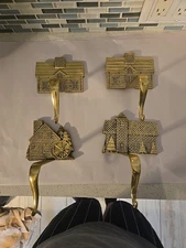 Vintage Vogelzang Brass Christmas Log Cabin Stocking Holder Long Arm Lot Of 4 