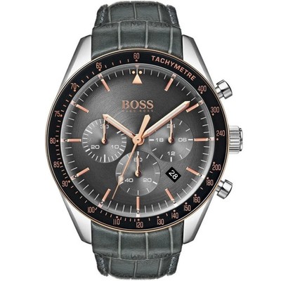HUGO BOSS Trophy 1513628 Men's Chronograph Grey Dial Grey Leather Strap Watch
