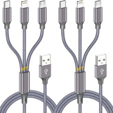 3 in 1 Multi Charging Cable 6ft Braided Phone Charger Splitter Cord 2 Pack Lead