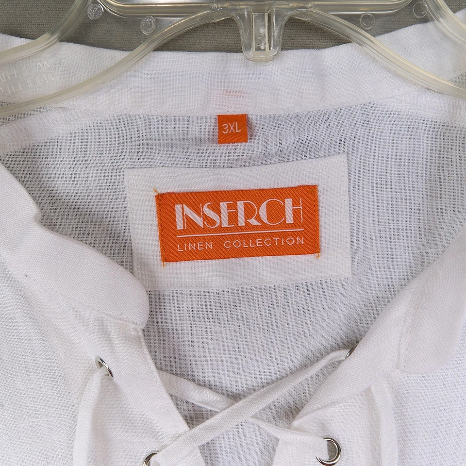 Inserch Linen Shirt Mes 3XL White Short Sleeve V-Neck Lace-Up Popover - Image 2 of 4
