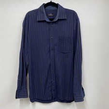 Bugatchi Uomo Men's L 16 32/33 Blue Brown/Gold Striped Cotton Dress Shirt