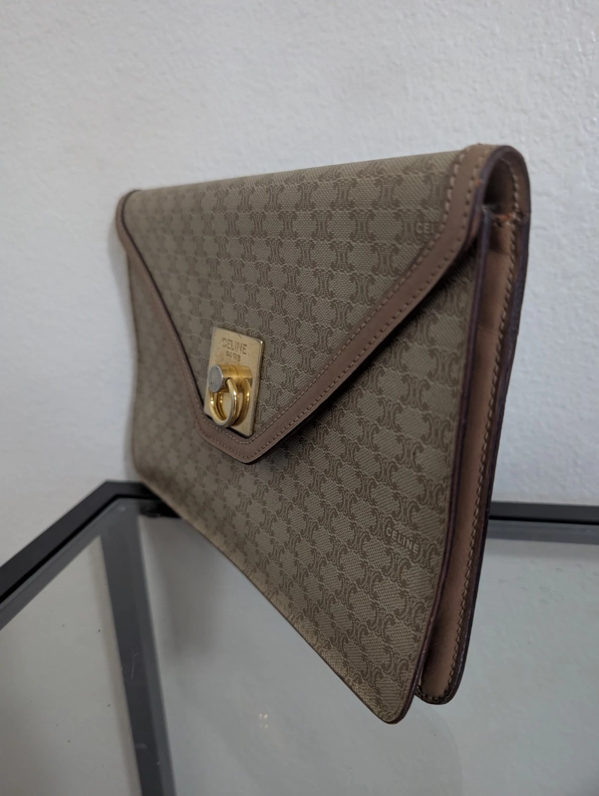 Borsa pochette originale vintage CELINE Macadam Triomphe Blason beige