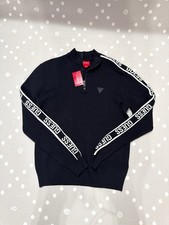 GUESS Tom Mock Neck 1/4 Zip Sweater Logo Along Arm Jet Black Men Sz L Large B2