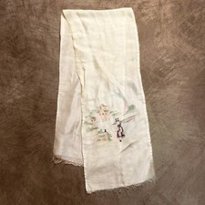 Vintage 40s Japanese Painted Geisha Kimono Garden Pagoda Scarf Multicolor Fringe