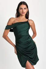 Lulus Emerald Green Satin Asymmetrical Mini Dress Bodycon XS Homecoming Wedding