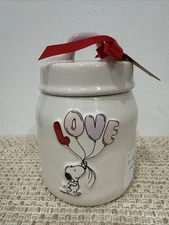 Rae Dunn Peanuts Snoopy Holding Balloons Made With Love Candy Canister Jar NEW