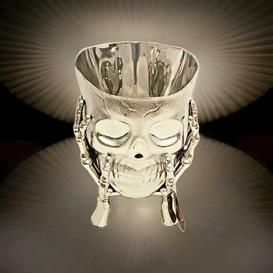 Gothic Punk Skulls Lot Silver Snack Bowl 7"×6" & Green Skull Tumbler With Straw  - Image 2 of 3