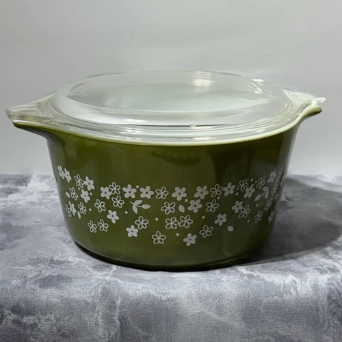 VTG 1970s Pyrex Spring Blossom Green Crazy Daisy 473B Dark Green Dish w/Lid