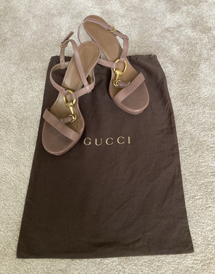 Gucci Damen Leder Riemchen-Sandalen Taupe Trichterabsatz EU 37,5