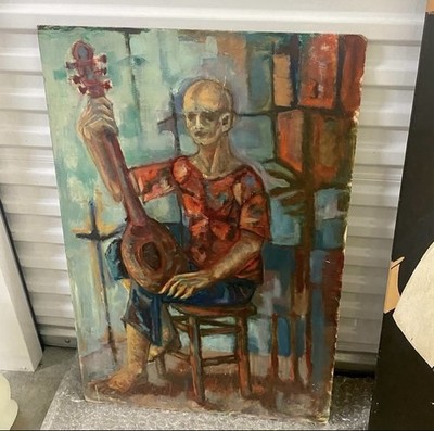 Vintage Oil On Board Painting Man Musician Expressionist Art Signed Mid Century
