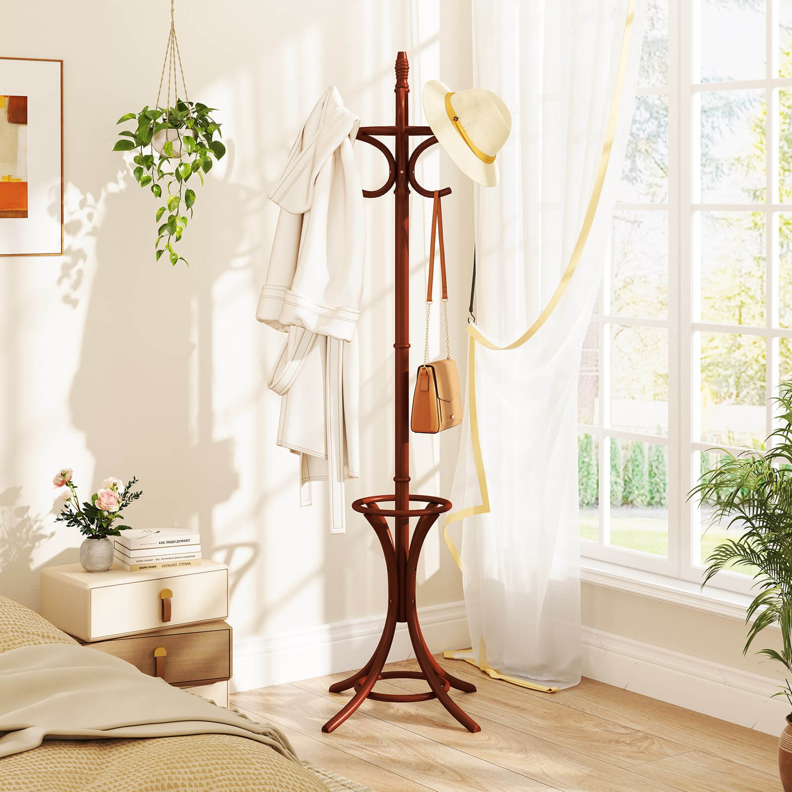 Wood Standing Hat Coat Rack Jacket Bag Hanger Home 12 Hooks w/ Umbrella Stand