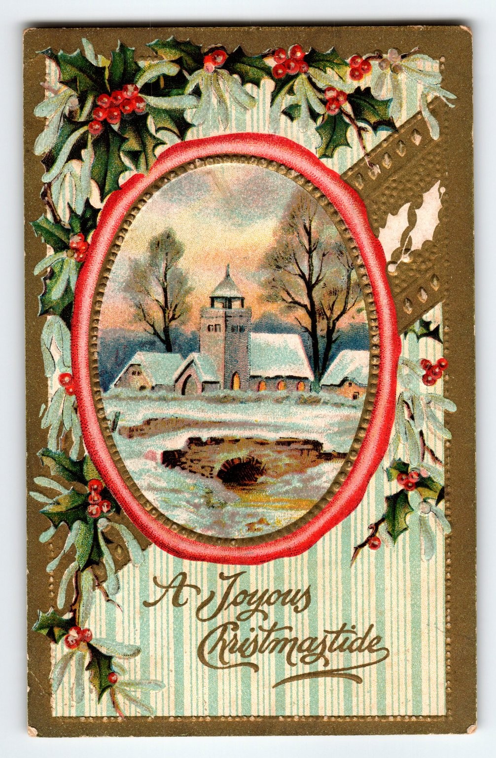 Vintage Embossed Christmas Postcard Snowy Church & Holly Berries