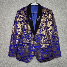 Floral Tuxedo Blazer Mens XS Blue Gold Velvet Sequin Shawl Lapel Jacket Party
