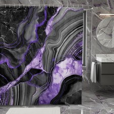 Black Grey Marble Shower Curtain 72"Wx72"L, Purple Marbling Crack Bathroom