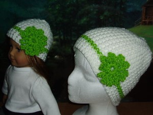 Matching-White-Green-Crochet-Hats-Fits-18-034-American-Girl-Doll-amp-Child