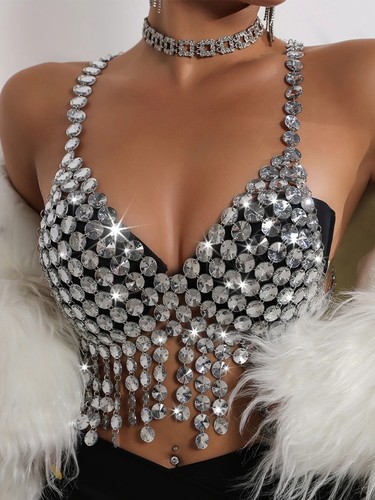 Sexy Y2K Rhinestone Metal Corset Crop Top Halter See-Through Party Bra Tank Top - Picture 5 of 6