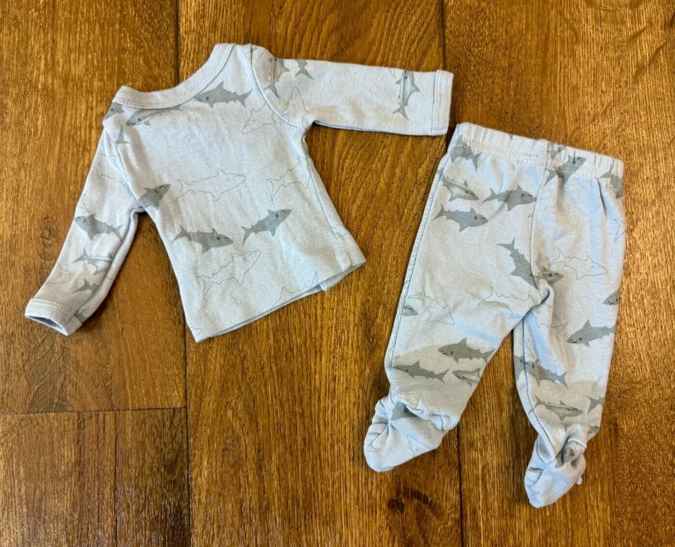 Conjunto de 2 piezas Carters bebé prematuro niño manga larga pantalones azul tiburón renacido Foto 2 de 4