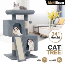 34'' Cat Tree Tower Scratching Board Posts Multi-level Bed Furniture Light Gray