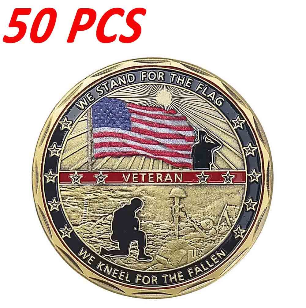 50PCS Kneel for The Fallen Gifts Commemorative Gold Challenge Coin Veteran