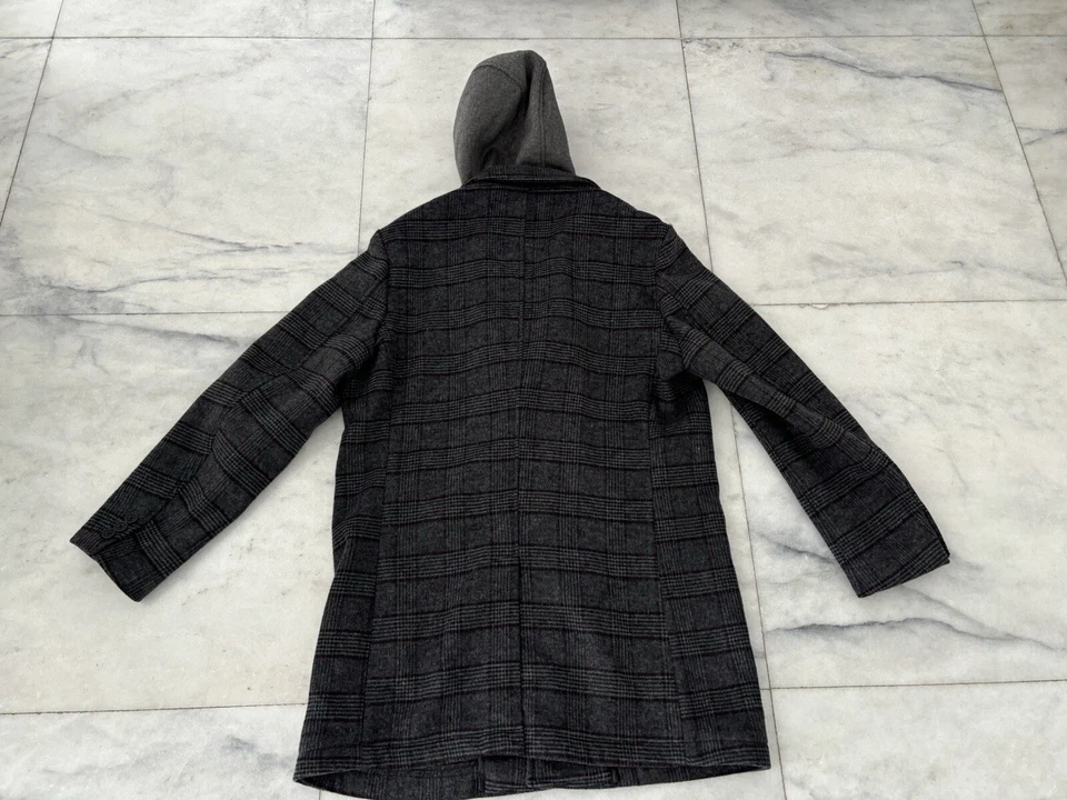 Abrigo Tahari para hombre a cuadros de lana gris cuello capucha extraíble talla XL Foto 2 de 4