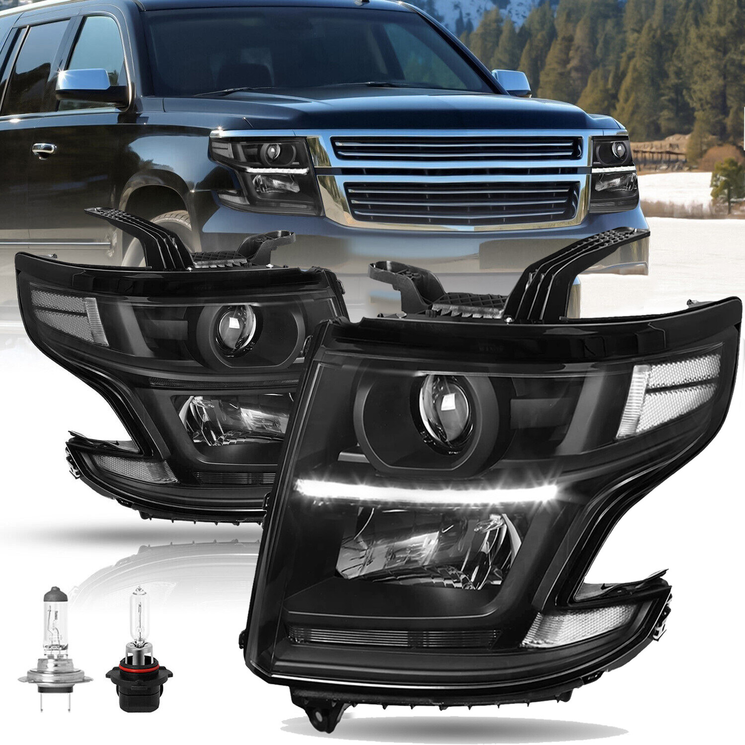 Black Headlight Projector For 2015-2020 Chevy Tahoe Suburban Headlamp w/LED DRL