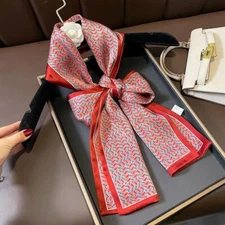 100% Mulberry Silk Long Scarf Women's Red Diamond Pattern Neckerchief 150*15cm