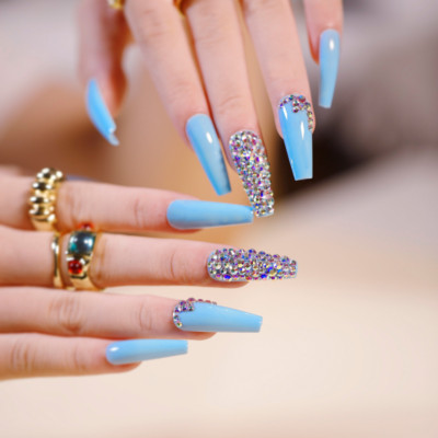 24pcs Fake Nails Luxury Blue Full Rhinestones French Long Coffin Press On Nails Ebay