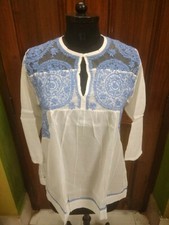 HANDMADE TOP BLOUSE L 42" KURTA KURTI TUNIC 100 COTTON ETHNIC CHIKAN EMBROIDERY