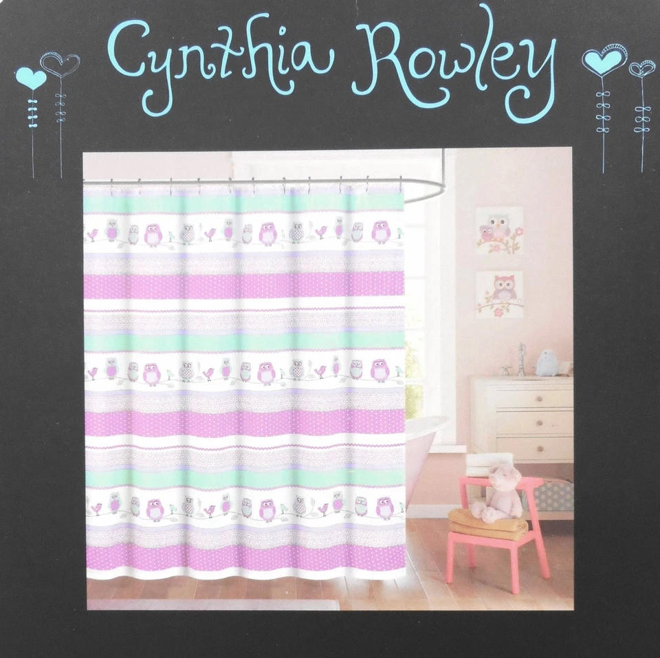 CYNTHIA ROWLEY Búho Tela Rayas Cortina de Ducha Pájaros Flores Púrpura Blanco NUEVO Foto 2 de 4
