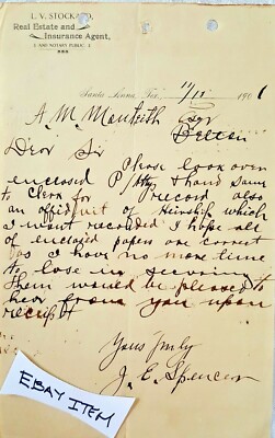 1901 LETTERHEAD Santa Anna Texas L.V STOCK & REAL ESTATE J.E. SPENCER