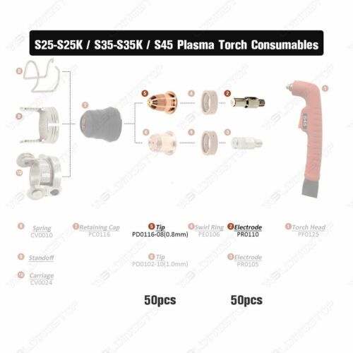 40-Pack WS Electrode PR-0110 & Nozzle PD-0116-08 – Fits Trafimet S45 Plasma Cutting Torch