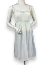 Vtg 60s Trillium Ivory/Pale Blue Goddess Nightgown Lace Ribbon Trim Sheer Sz 34