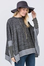 Charcoal Brushed Soft Cape Style Poncho Tunic With Stripe Trim