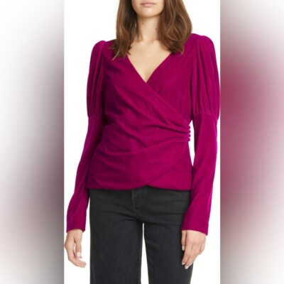 Cinq a Sept Theo Velvet Wrap Top Cranberry / Dark Fuscia size small