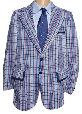 Vtg 70s Montgomery Ward Madras Plaid Sport Coat Men 42L Leisure Johnny Carson