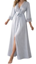 VTG Movie Star Silky Long Lingerie Robe Front Tie Lace Trim Soft Fairycore Sz M