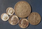 LOT 6 US SILVER COINS 1921 D MORGAN SILVER DOLLAR 1943 HALF $ 2 QUARTERS ETC