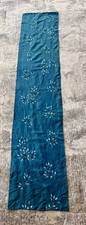 Vintage silk embroidered Table Runner Wall Hanging teal blue 1950-1960s