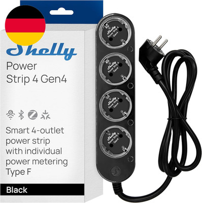 Shelly Power Strip 4 Gen4 Schwarz - Matter WLAN Mehrfachsteckdose, 4 Fach Smarte