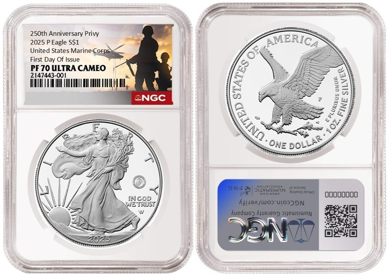 2025 P Silver Eagle S$1 US Marine Corps NGC PF70 UC First Day Of Issue #2646