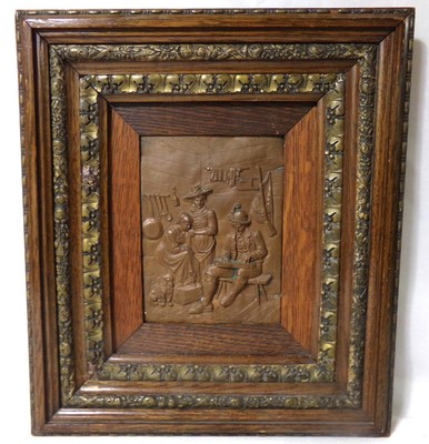 Black Forest German Victorian Era Hammered Copper Zither Parlor Scene Framed