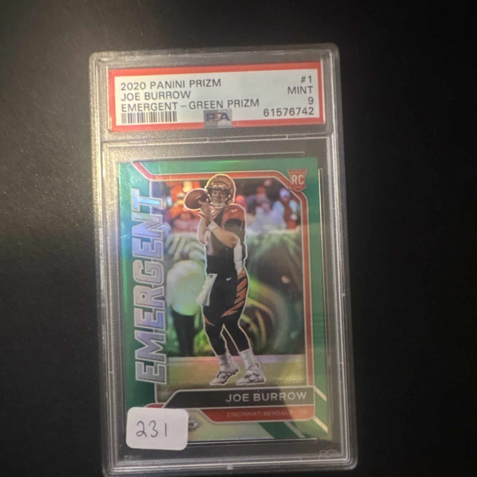 Panini 2020 Prizm Joe Burrow Rookie Emergent Green Prizm #1 PSA 9