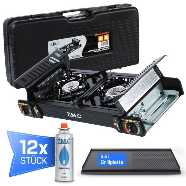Premium Campingkocher 2 Flammig Camping Gas Kocher Grillplatte + Gaskartuschen-image