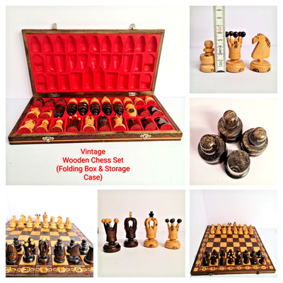 Vintage Holz Schachspiel Klappbrett handgeschnitzte Figuren Buchsbaum Spiel