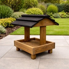 Wooden Ground Bird Feeder Table  Black  Roof Outdoor Garden Feeding Platform