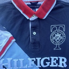 Tommy Hilfiger Polo Shirt Mens Medium Navy White Custom Fit Rugby Sash Crest 8
