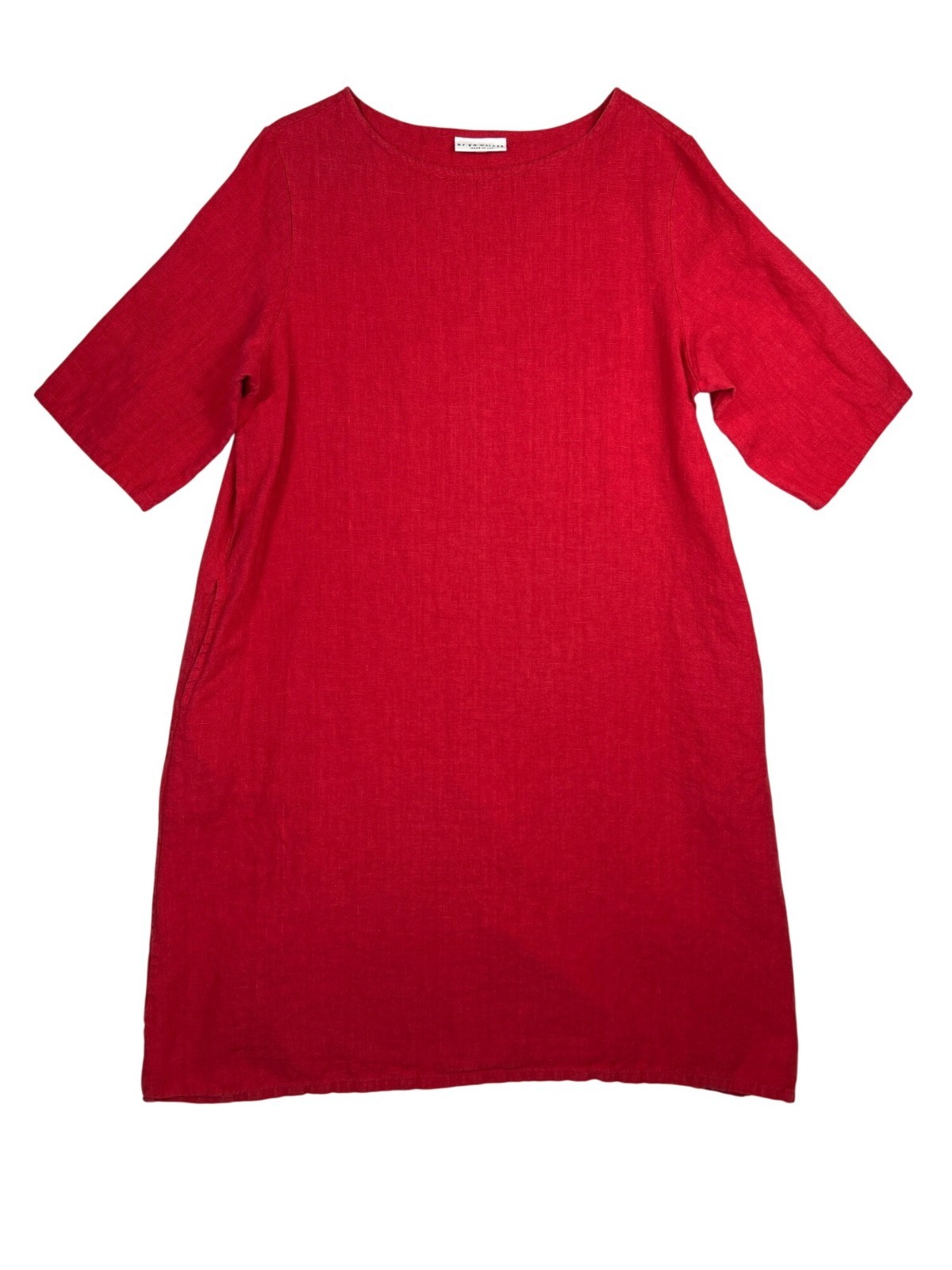 Brynn Walker Women's L Heavy Weight Red Linen Dress Lagenlook Pockets Classic
